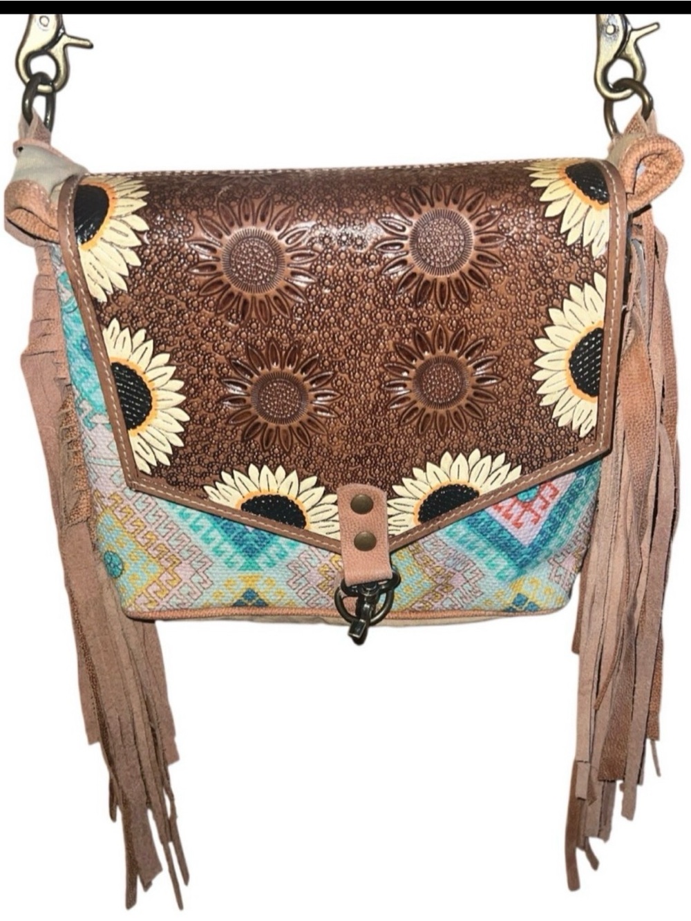 Boho Sunflower Fringe Crossbody Bag Handcrafted in Texas by Ohlay
